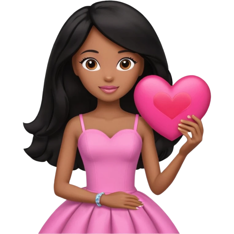 Black barbie, long black  hair, pink dress holding big heart that  visibly says "daily heart me" emoji