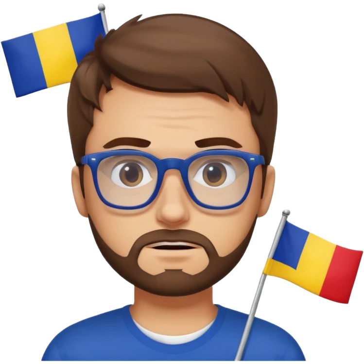 A brown-haired white man with a designer stubble beard and rectangle glasses. He shrugs. In the background the Romania flag. emoji