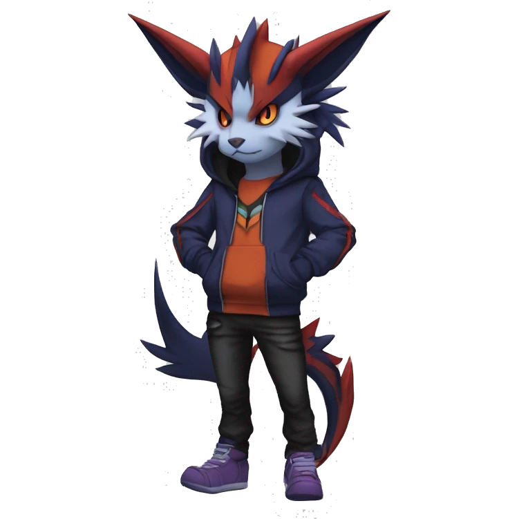 Cool Anthro Dark Absol-Noivern-Quilava-Litten-Pokémon with edgy stripes hoodie spiked collar punk Full Body emoji