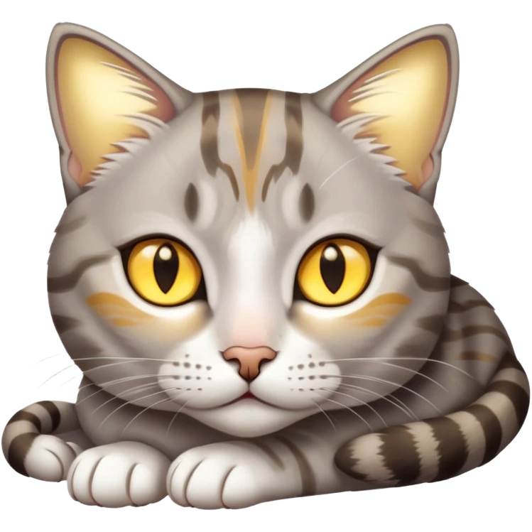 A grey tabby, white mix cat with glowing golden eyes, lying down gazing at camera emoji