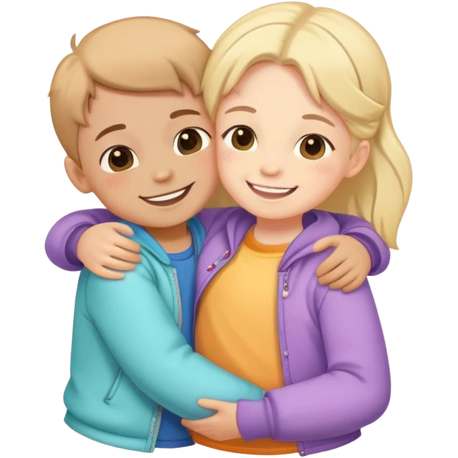 Cute detailed sticker: two smiling kids hugging, colorful clothes, soft cartoon style, pastel colors, clean lines, transparent background. emoji