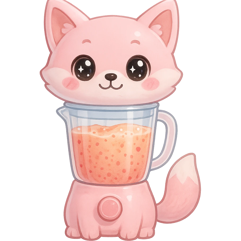 full-body fox-shaped blender with transparent body filled with fruity smoothie, sparkling eyes, pastel pink color, transparent background emoji