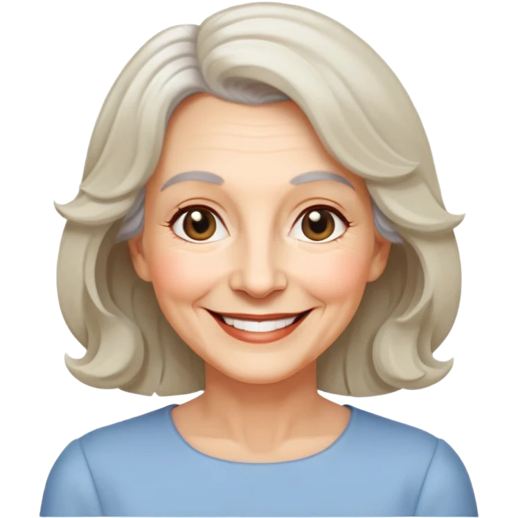 "- Nữ
- 65 tuổi
- Da trắng
- Tóc ngang vai, xoăn nhẹ
- Mặt cười tươi, vui vẻ, mắt màu đen emoji