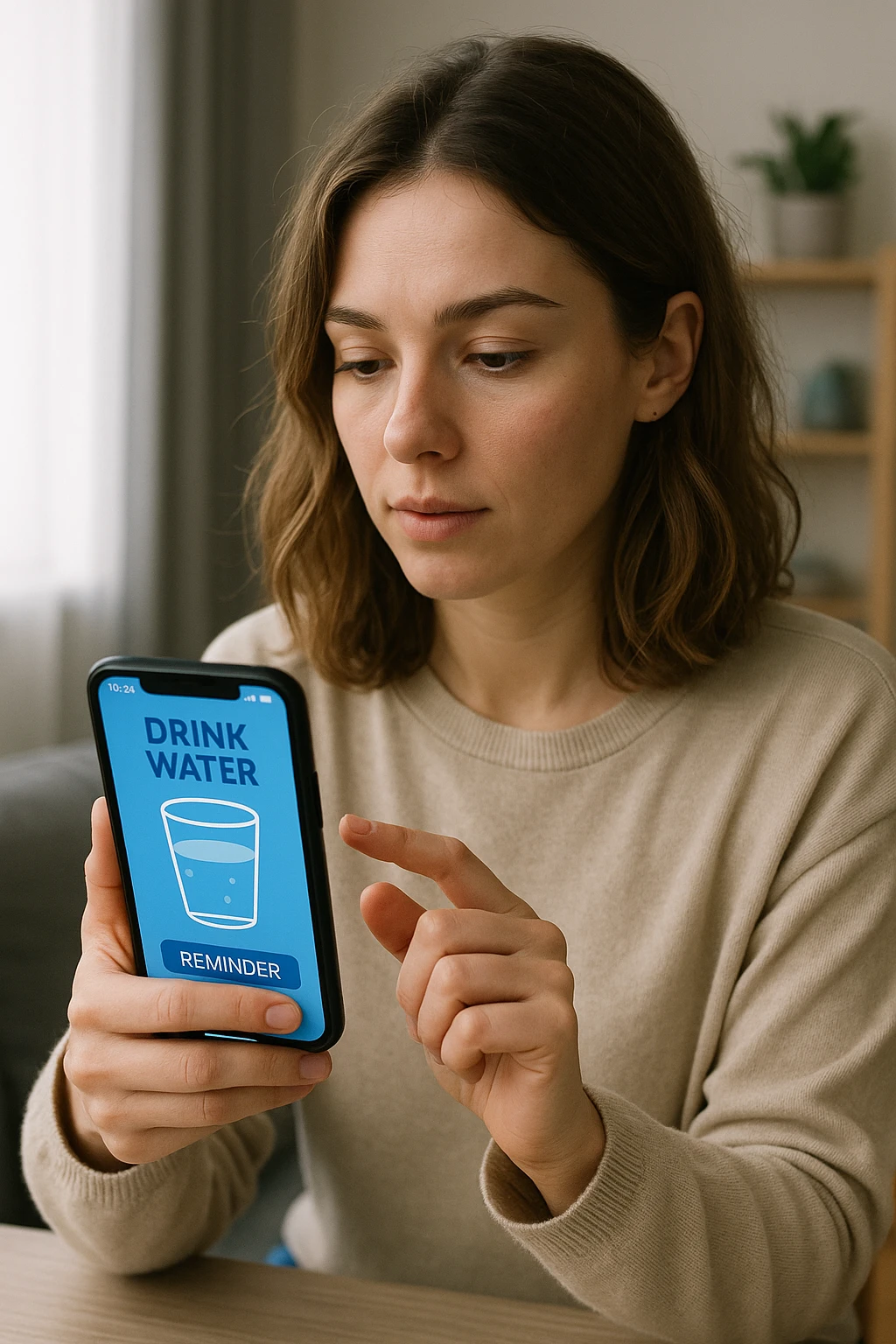 Donna che usa App per ricordarsi di bere, altrimenti non beve mai testo in italiano emoji