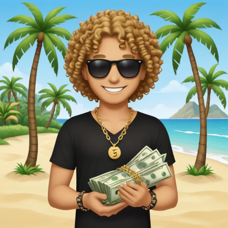 Smiling person with curly hair in black shirt and chain necklace, holding money bundles, black sunglasses, tropical beach scene with palm trees emoji