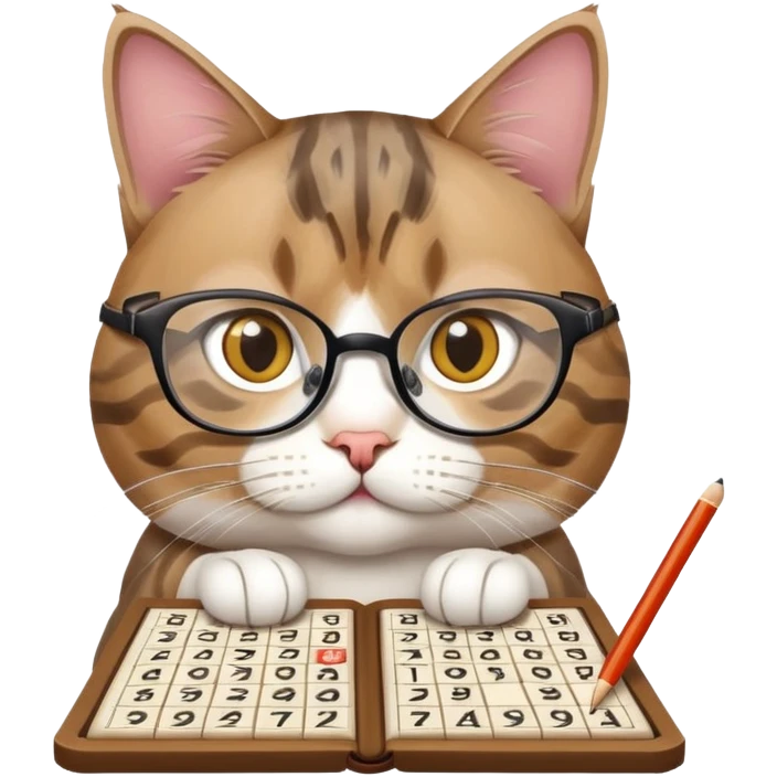 cat wearing reading glasses playing sudoku emoji