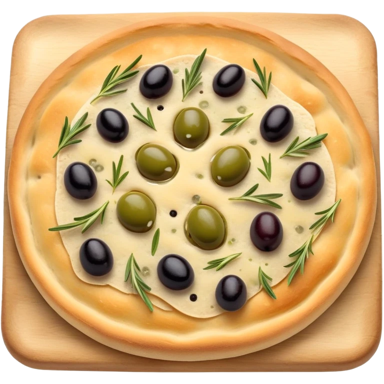 cinematic-realistic-focaccia-bread-dish-emoji,-depicted-as-a-golden,-olive-oil-brushed-flatbread-sprinkled-with-herbs-rendered-with-lifelike-texture-and-soft,-appetizing-lighting showing olives on top  emoji
