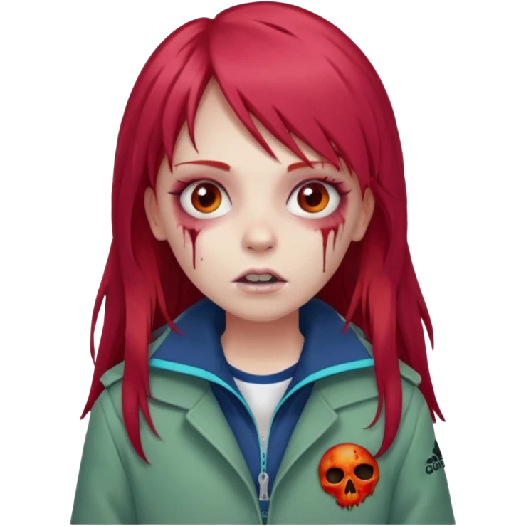 Crie um emoji de uma menina com bochecha gordinha com o cabelo vermelho longo com uma franja reta zumbi casaco de gola alta da adidas emoji