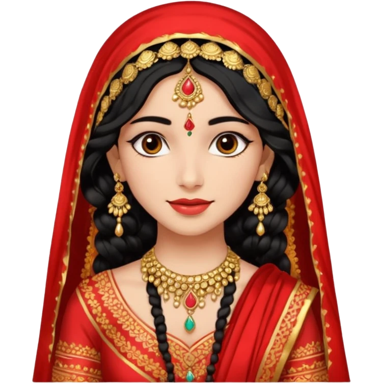 a pretty bratz fair indian girl wearing a red indian wedding outfit with dupatta on head,  golden jewellery, black wavy hair emoji