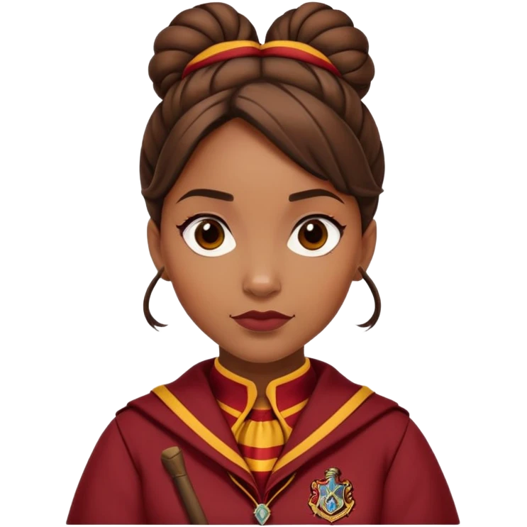 Angelina Johnson in harry potter, wear hogwarts gryfindor uniform,  thick, brown knot bun hair , reflecting her bold, stylish, and strong personality emoji