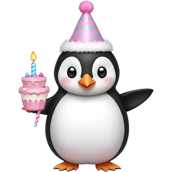 cute penguin with birthday hat hold a birthday pink cake in arms emoji