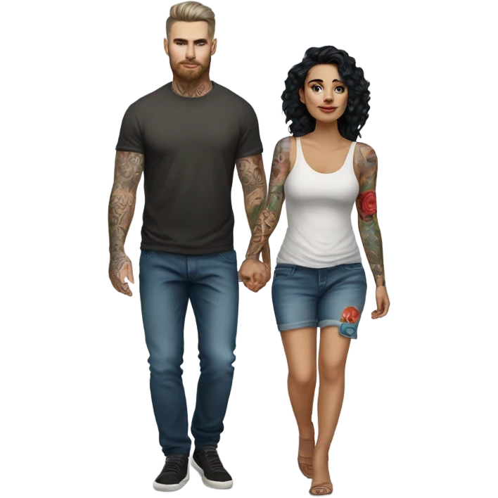 Hyper Realistic beautiful woman in the arms of a very handsome tattooed man walking  emoji