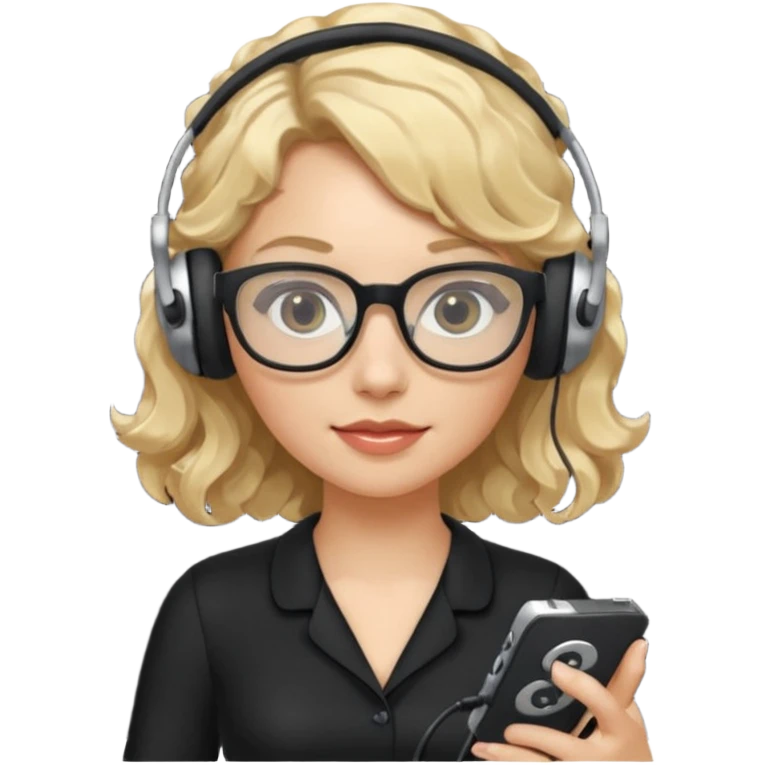 
gamer, woman with blond wavy hair, tight black dress with a white line with glasses, headphone, gamepad emoji