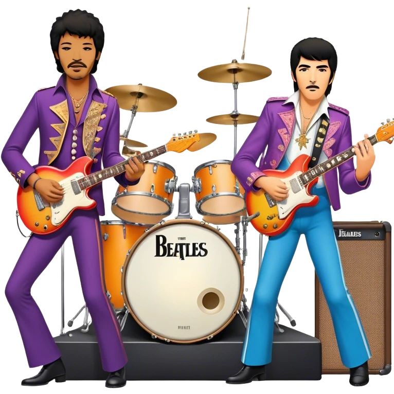 Rock music icon: vibrant stage with electric guitars, drums, and amplifiers. Collage of rock legends—The Beatles, Jimi Hendrix, and Elvis Presley—capturing the rebellious spirit and timeless energy of rock music. Transparent background. emoji