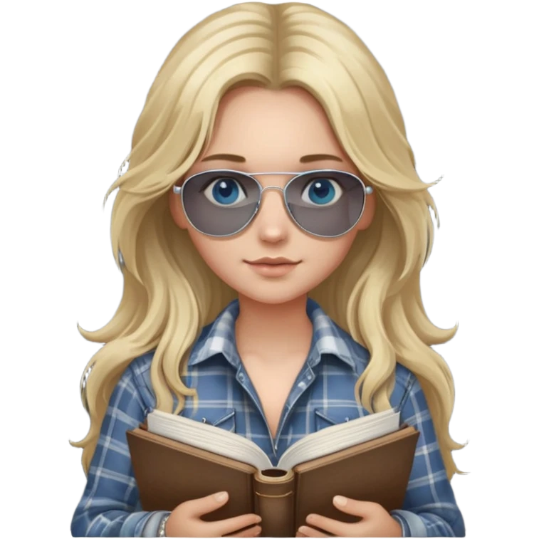 girl with long blond messy hair wearing grey plaid shirt with blue eyes and aviator sunglasses wearing a ring on her silver necklace, holding law books emoji