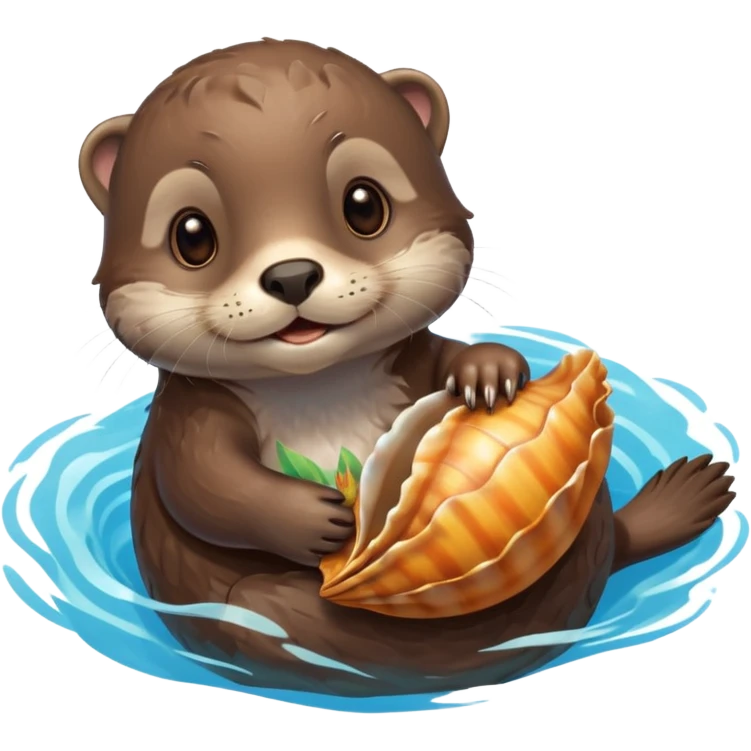 adorable otter floating on clearly visible blue water with waves, holding a shell emoji