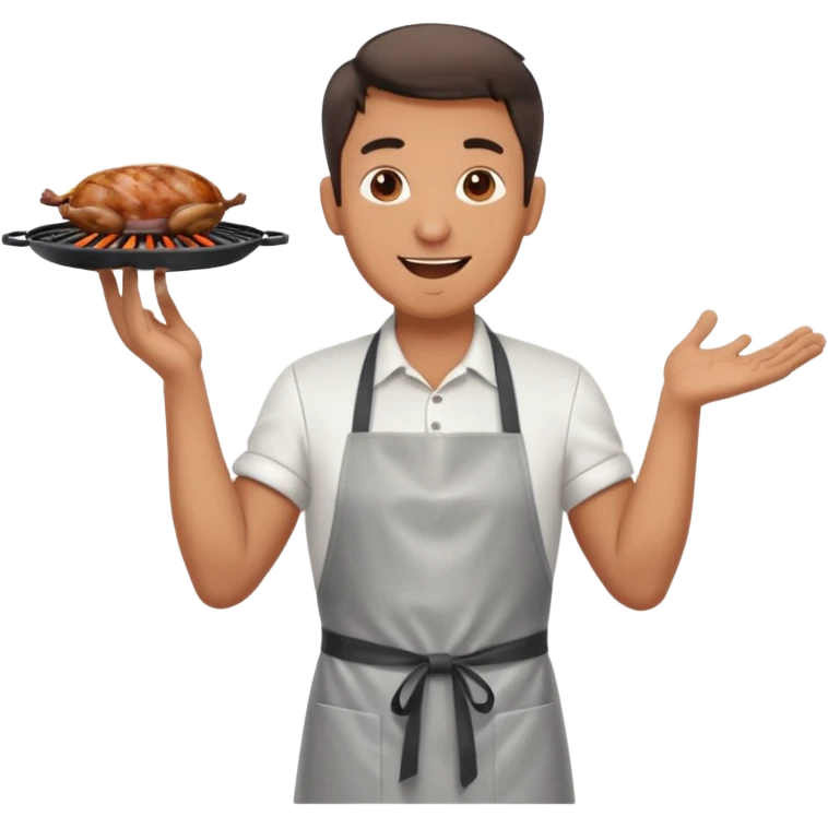 A cheerful man in an apron flipping meat on a sizzling grill with smoke puffing upward. emoji