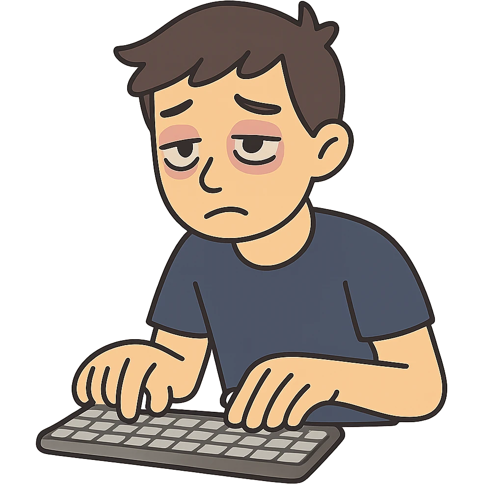 flat toon style of a person with bags under their eyes, typing on a keyboard emoji