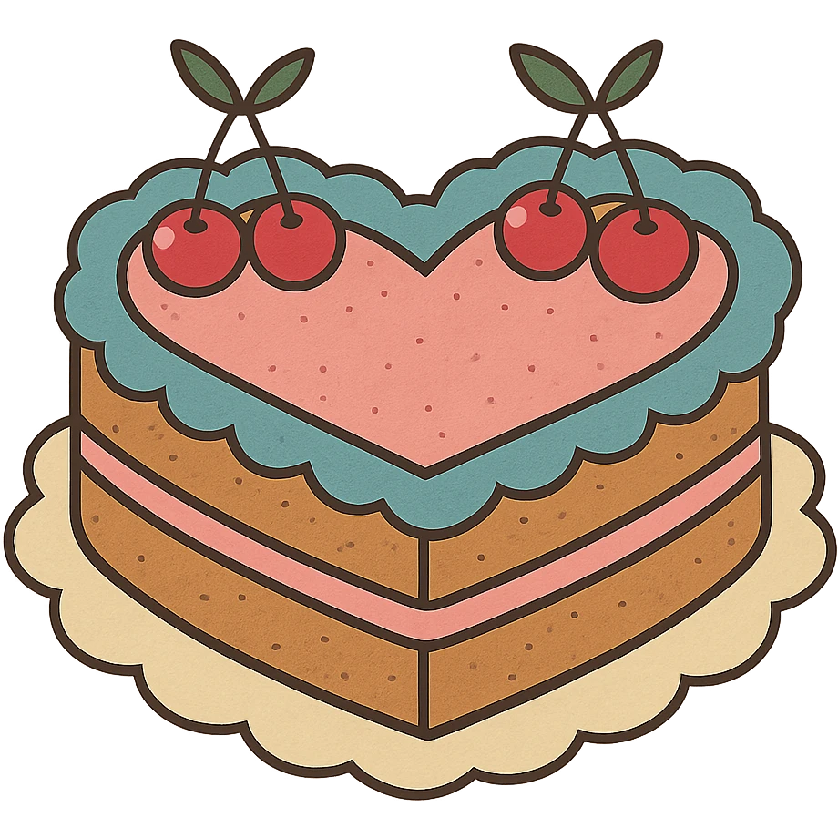 flat toon heart-shaped vintage-style cake with cherries emoji