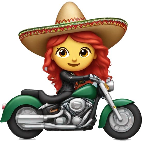 Mexican sombrero girl with red hair in leather on a motorcycle emoji