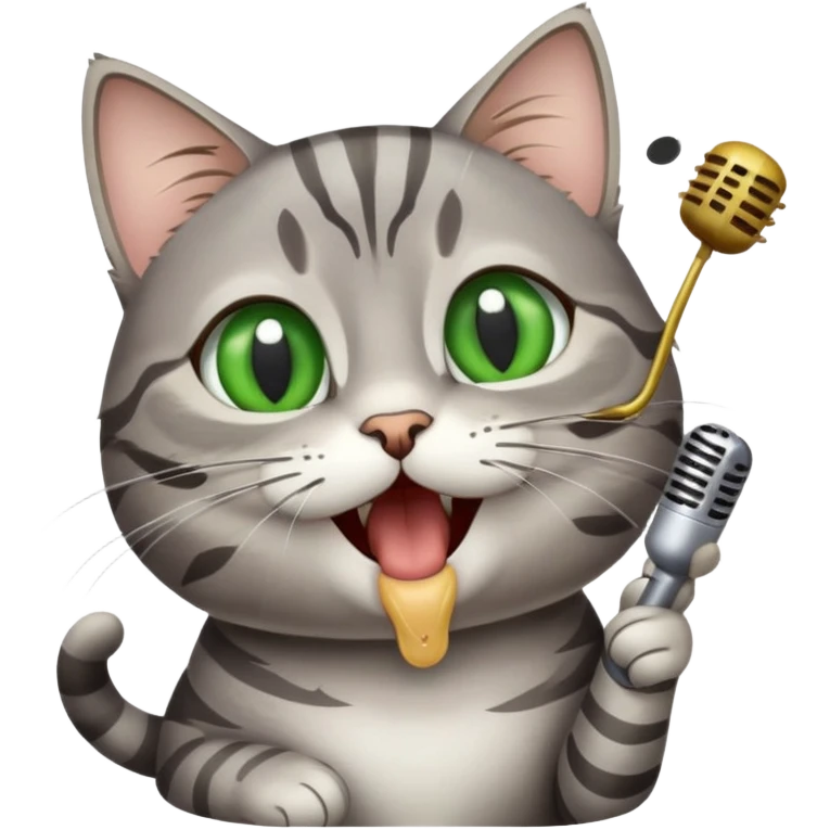 gray tabby cat with green eyes eating singing emoji