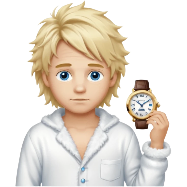 Create a look for a blond boy with long, tousled hair, light eyes, a white sweater, a wealthy appearance, blue eyes, and accessories like a Rolex or Cartier watch, and a cute face with messy hair down. blue eyes + + pajama white fluffy emoji