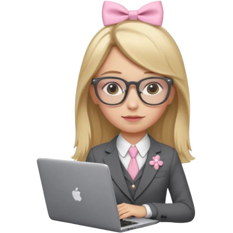 Please take the girl with laptop emoji and make her glassess light brown and her nose a bit smaller and pointier and she has blonde long hair and a dark grey suit and pearls, and has a laptop in fron of her and a tiny pink bow on the left side of her head emoji