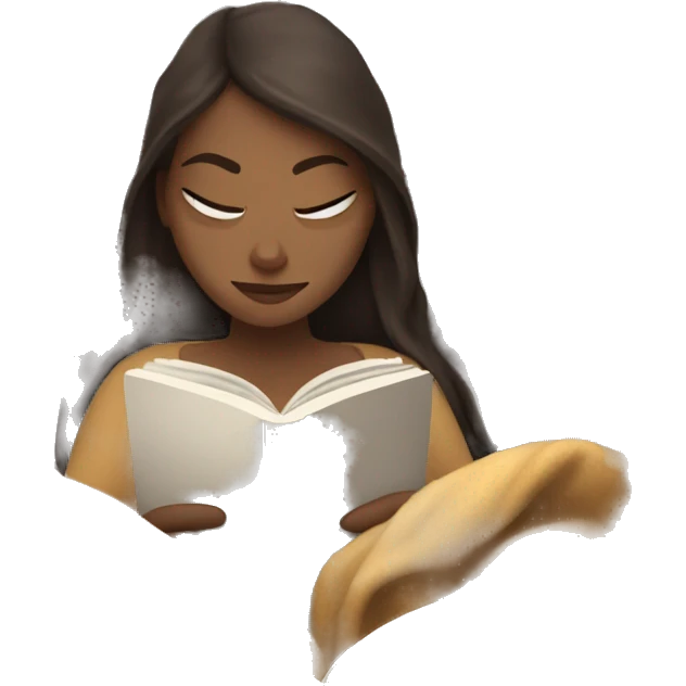 White Girl reading a book under a blanket with coffee in her hands emoji