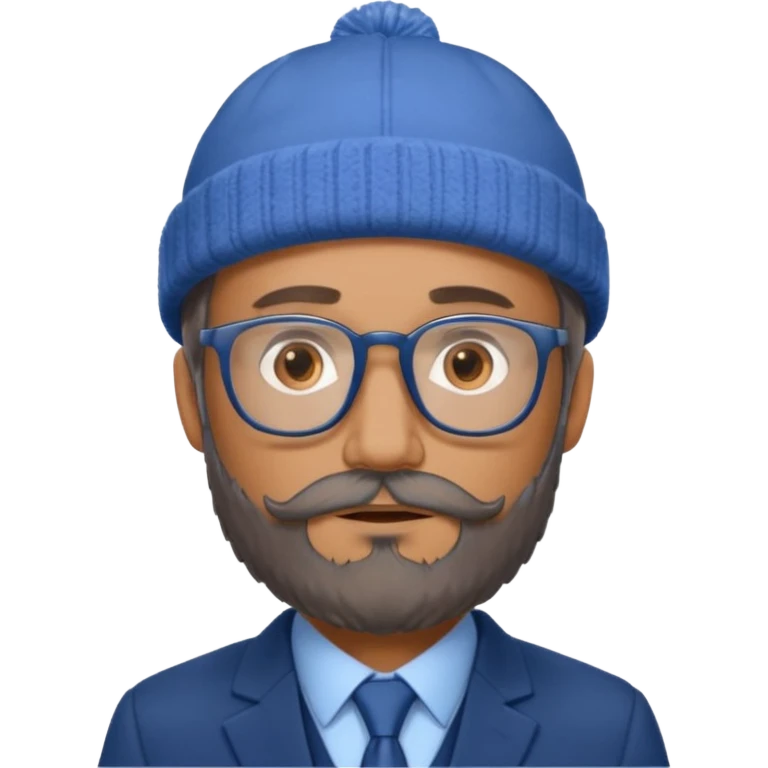Create a figure that reflects an experienced entrepenurr but who has professional and elegant clothing, blue winter cap, grey glasses, brown eyes and an unkempt beard  emoji