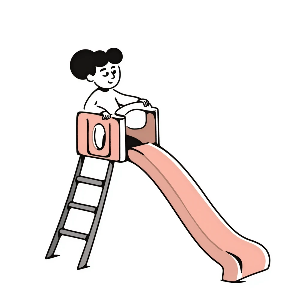 Children's playground slide with ladder in pastel colors (dd9fb0, ffc6d3, a3bfc9, c4bee2, f1b091), hand-drawn doodle style emoji