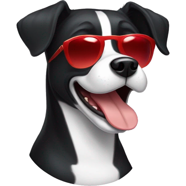 Black very short hair female large dog with sunglasses and red lips  smiling with the tongue outside the mouth . The dog has a tiny  white line on the chest emoji