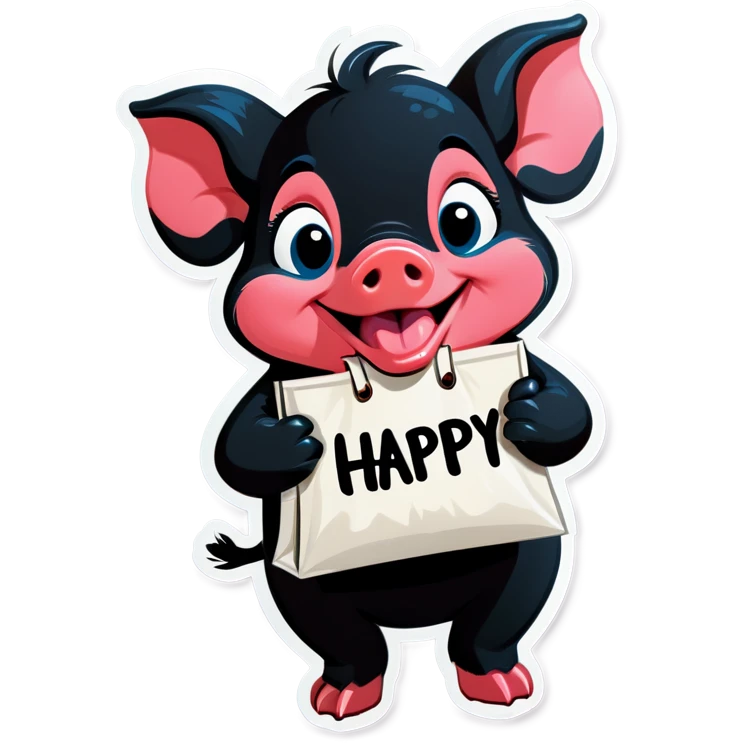 a black piglet holding 4 bags with "happy” written on it emoji