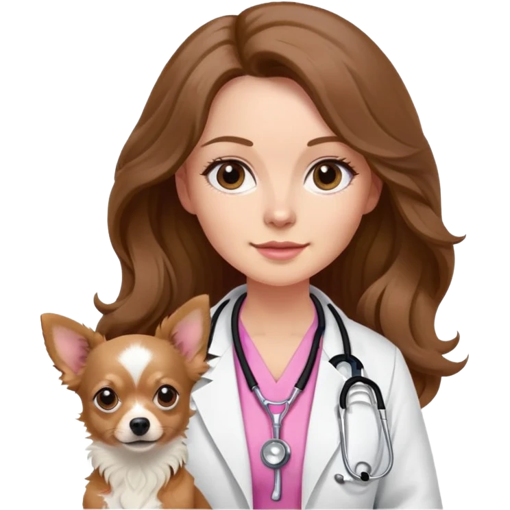 Veterinary doctor white woman with long brown wavy hair and brown eyes, wearing a white coat , a pink stethoscope around neck and standing next to a solid black colored chihuahua dog  emoji