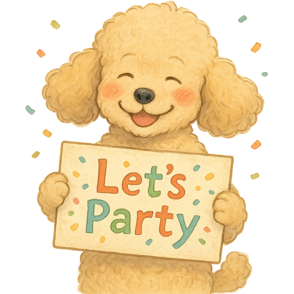 smiling poodle holding a confetti sign board with the text "Let's Party", cheeks blushing, soft Ghibli style emoji