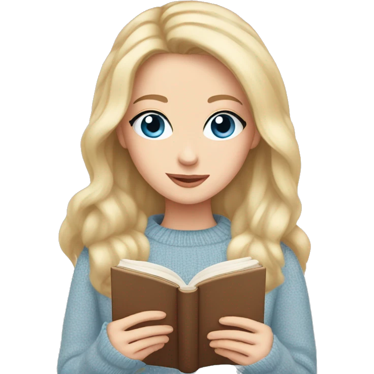 Pretty blue eyed white girl with light pink sweater reading cozy emoji