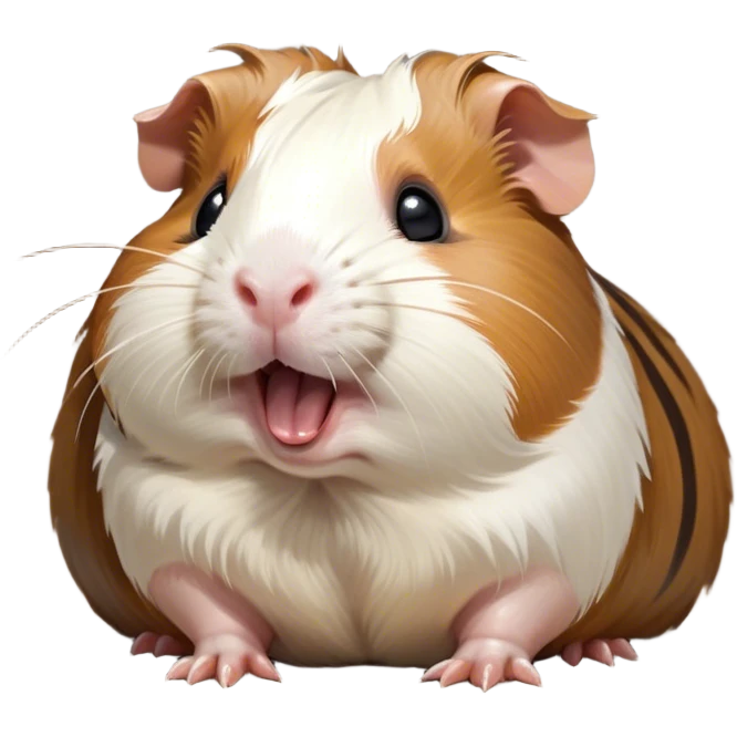 Cinematic Cute Yawning Brown and White Banded Guinea Pig Portrait Emoji, Head tilted slightly with a dramatic, wide-open yawn, revealing a soft, banded coat of brown and white with tiny, droopy ears, round dark eyes barely open in drowsy contentment, Simplified yet irresistibly adorable features, highly detailed, glowing with a soft, cozy glow, high shine, relaxed yet expressive, stylized with a touch of whimsy, bright and endearing, soft glowing outline, capturing the essence of a sleepy yet affectionate guinea pig, so drowsy it feels like it could stretch out of the screen and curl up for a nap! emoji