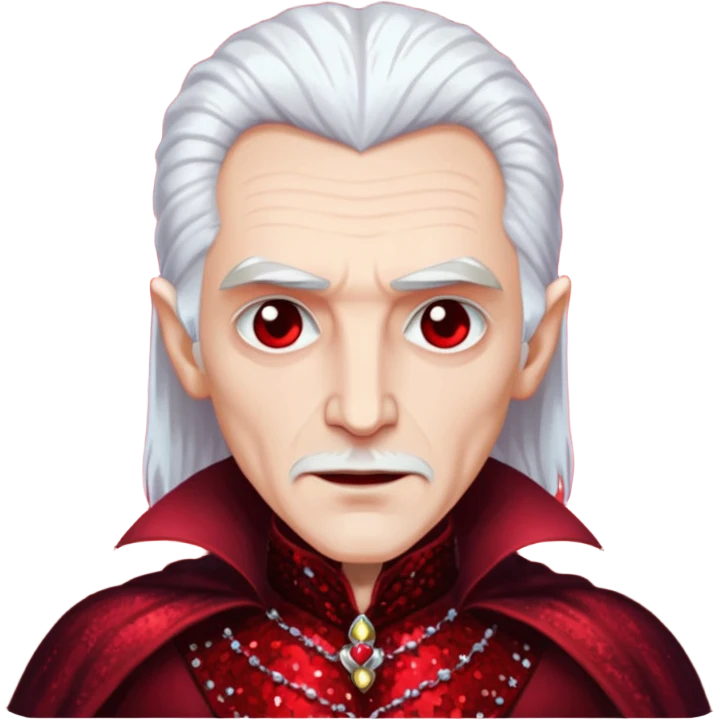 Dracula with white hair, dark red sequin outfit emoji