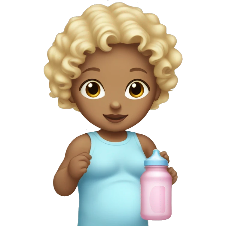 baby girl with blonde curly hair wearing a light pink onesie and holding a light blue baby bottle emoji