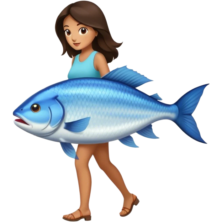 Brunette Woman walking with huge fish emoji