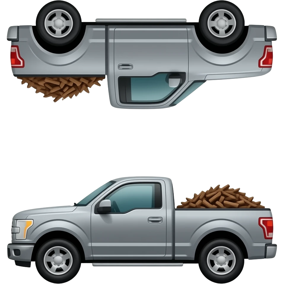 Put this emoji between to cars Gray F150 with full of bark chips in the back upside down in between two other cars emoji