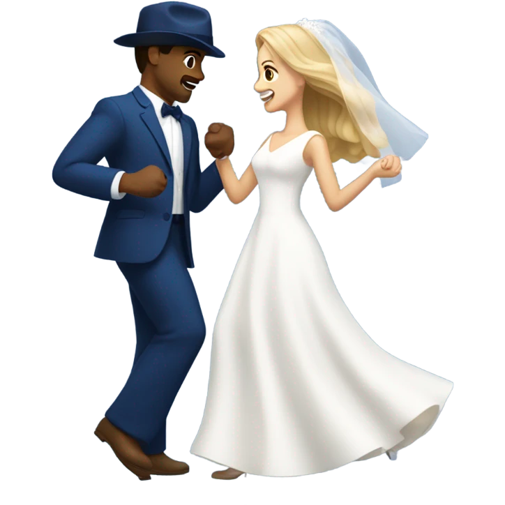Puerto rican beard short brown hair with blue hat and navy blue suit first dance with blond long hair girl with white  wedding dress  emoji