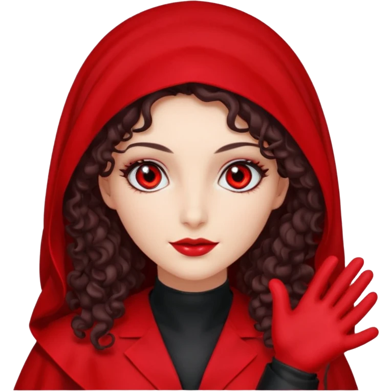 Lilith scalpel in hand, evil surgeon outfit.  She has red eyes. She has dark brown curly hair. Hair is long . Wears sexy doctor outfit with red gloves. Clears, mouth with Muslim red burka emoji