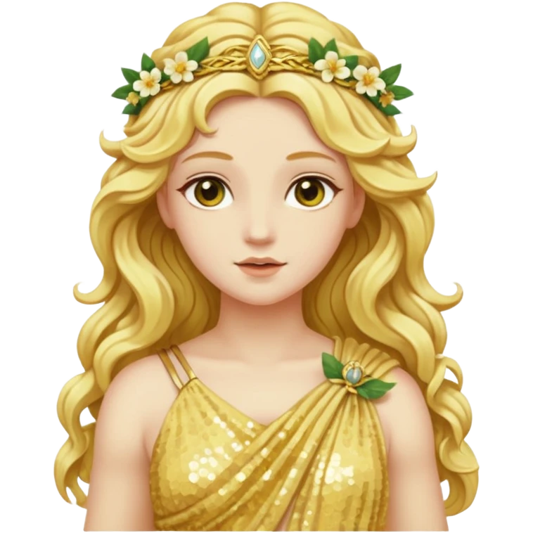 Flora, Goddess of Flowers from Roman Deities with long golden blonde wavy hair, pale yellow sequin toga  emoji