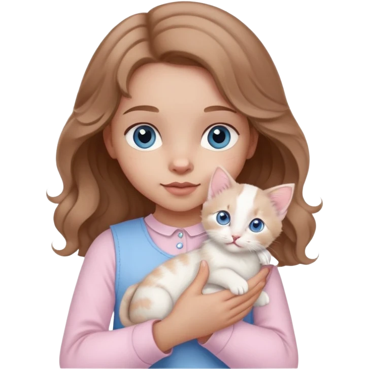 A little girl with wavy light brown hair and blue eyes and pale pink clothes holds a white kitten emoji