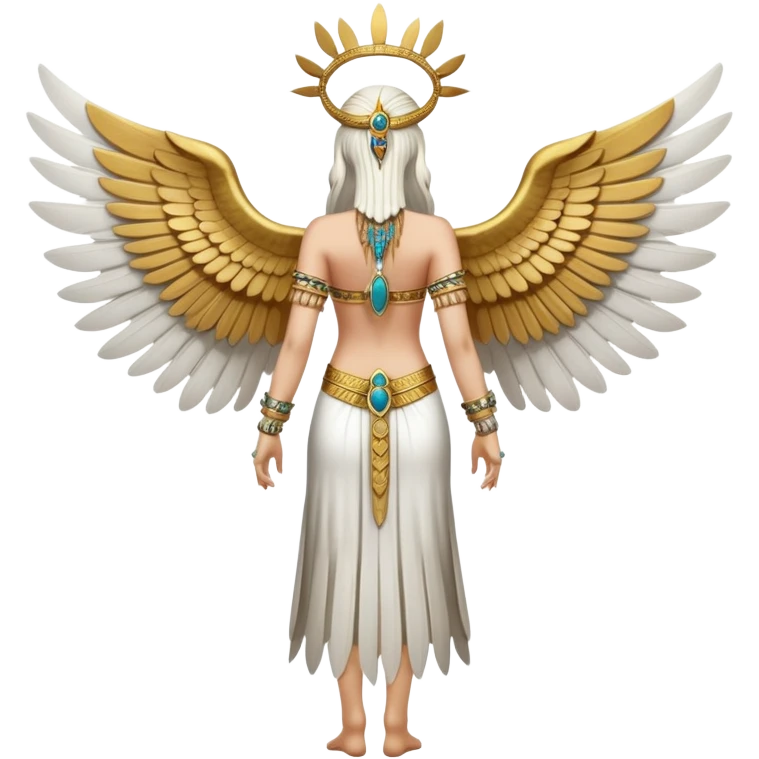 fullbody back view of Anunnaki goddess Inanna with large ornate feathered wings, bare back, Mesopotamian star symbols, and gold bracelet cuffs on wrists and ankles emoji