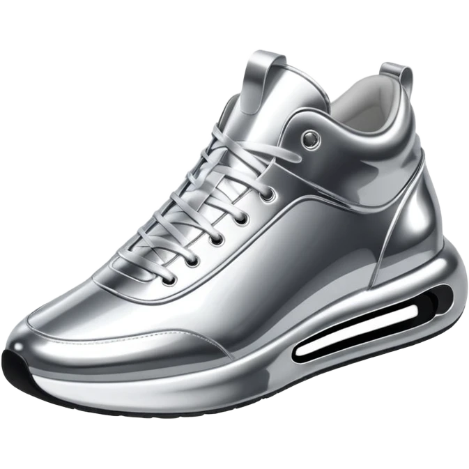 A pair of futuristic sneakers emoji made of silver chrome, sleek streetwear design, smooth metallic panels, subtle reflections, luxury swag aesthetic, iOS emoji style, centered, clean white background emoji