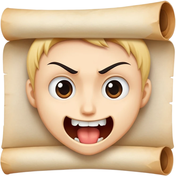 determined cartoon face biting on a small parchment scroll, anime-inspired style emoji