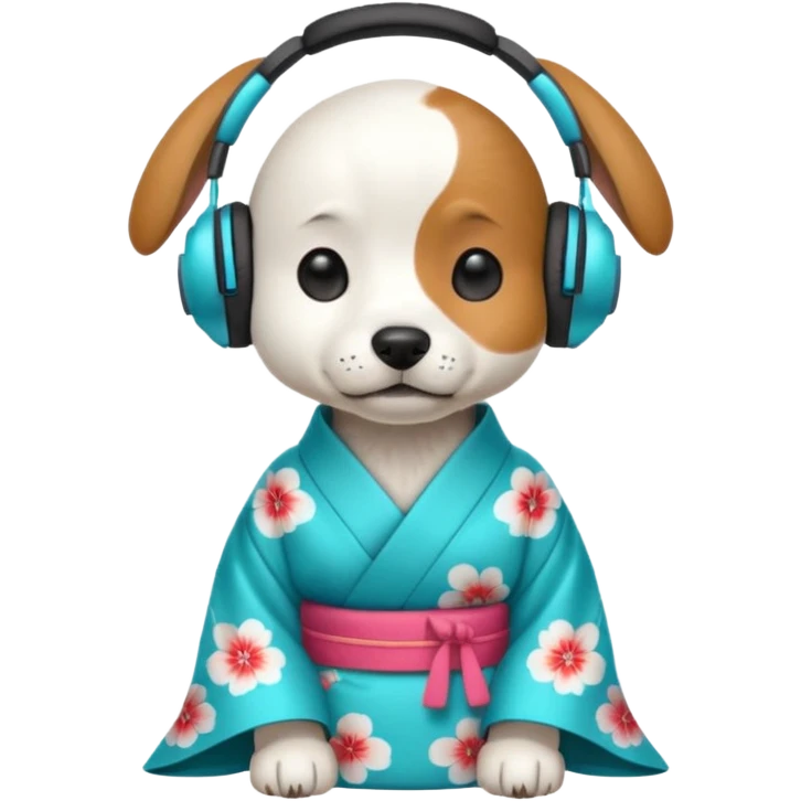 dog, kimono dress with headphone, cyan emoji