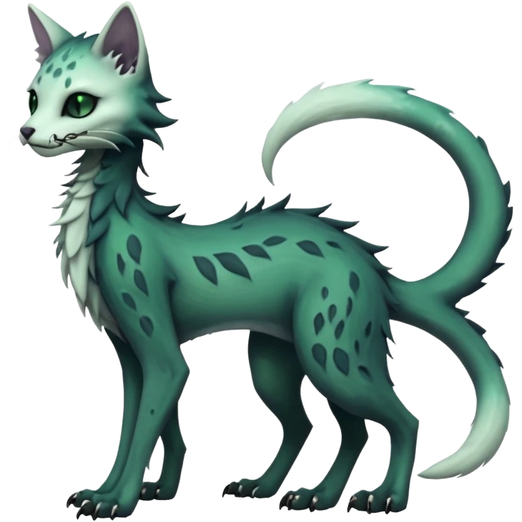 Kawaii divine dark pastel whitish blackish swampy white-skeletal gloomy ghostly dark greyish dark-deep-greenish foggy eldritch elegant cute beautiful realistic edgy fantasy ghoul-like stitched feline-vernid-sergal-fursona animal creature with a tufted tail full body with intricate markings  emoji