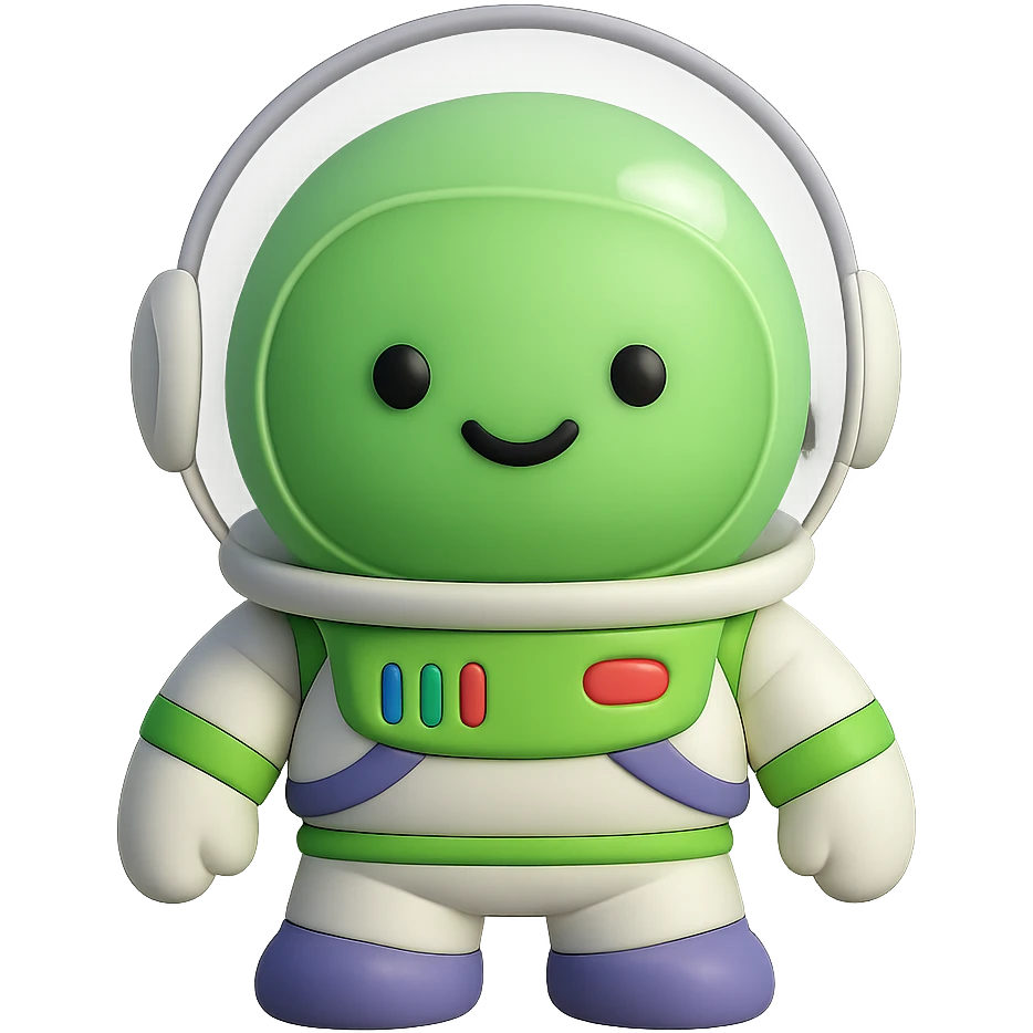 A cute space ranger toy with green and white spacesuit and clear helmet emoji